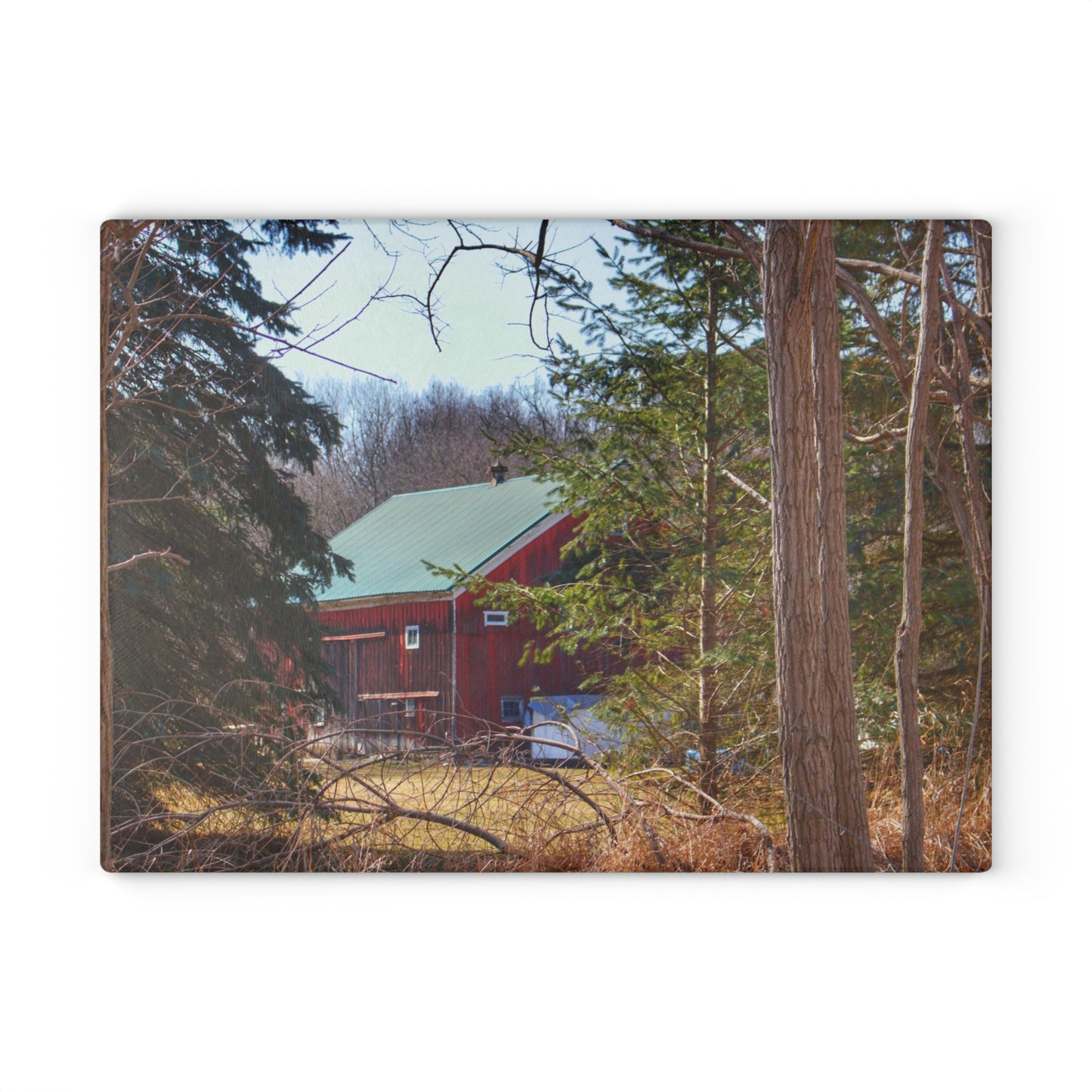 U R There Photography Bordman Road Hidden Red Rustic Farmhouse Tempered-Glass Cutting Board