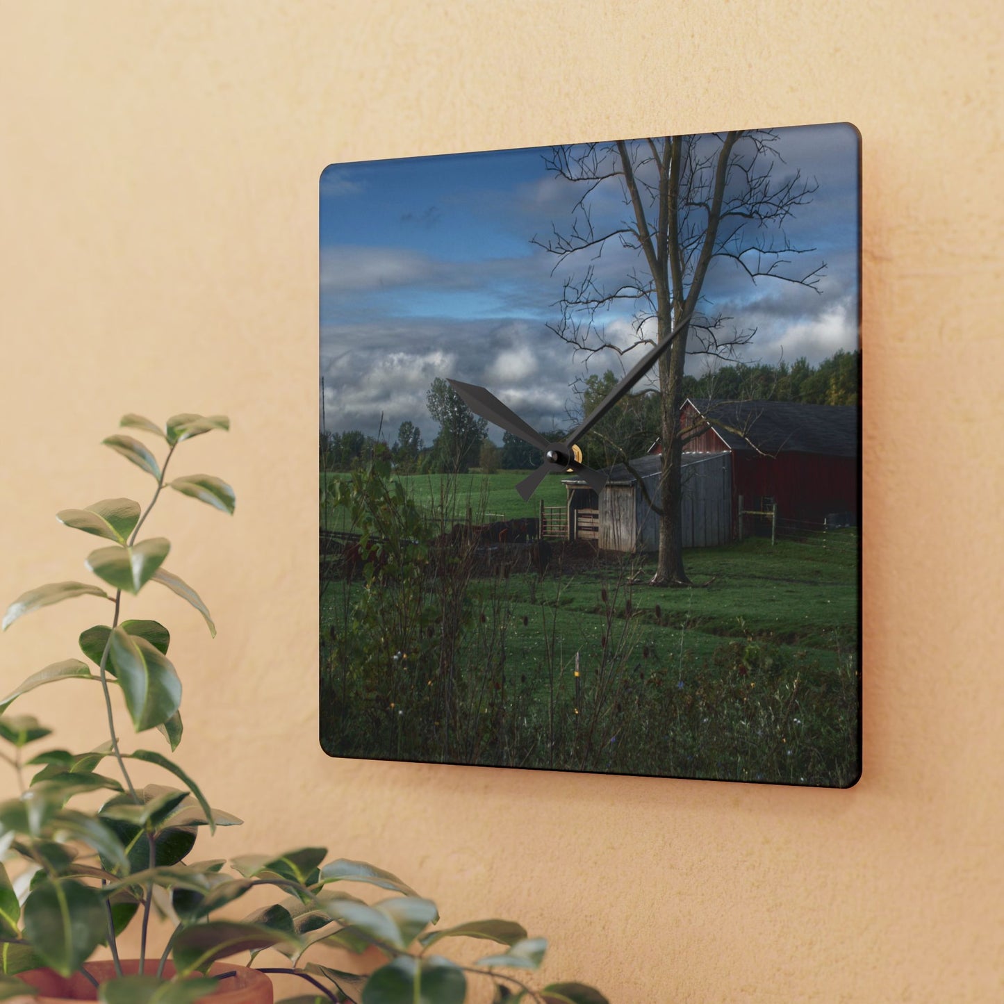 U R There Photography West Oregon Road Hidden Red IV Rustic Farmhouse Acrylic Analog Wall Clock