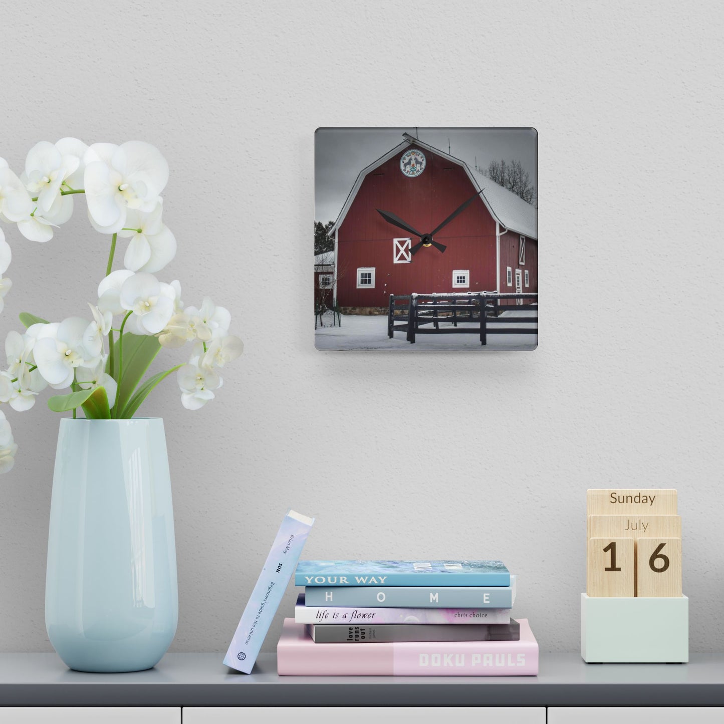 U R There Photography Barns of Barber Road III Rustic Farmhouse Acrylic Analog Wall Clock