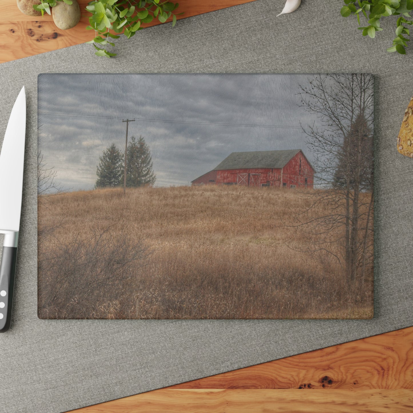 U R There Photography Grey Road Hillside Red I Rustic Farmhouse Tempered-Glass Cutting Board