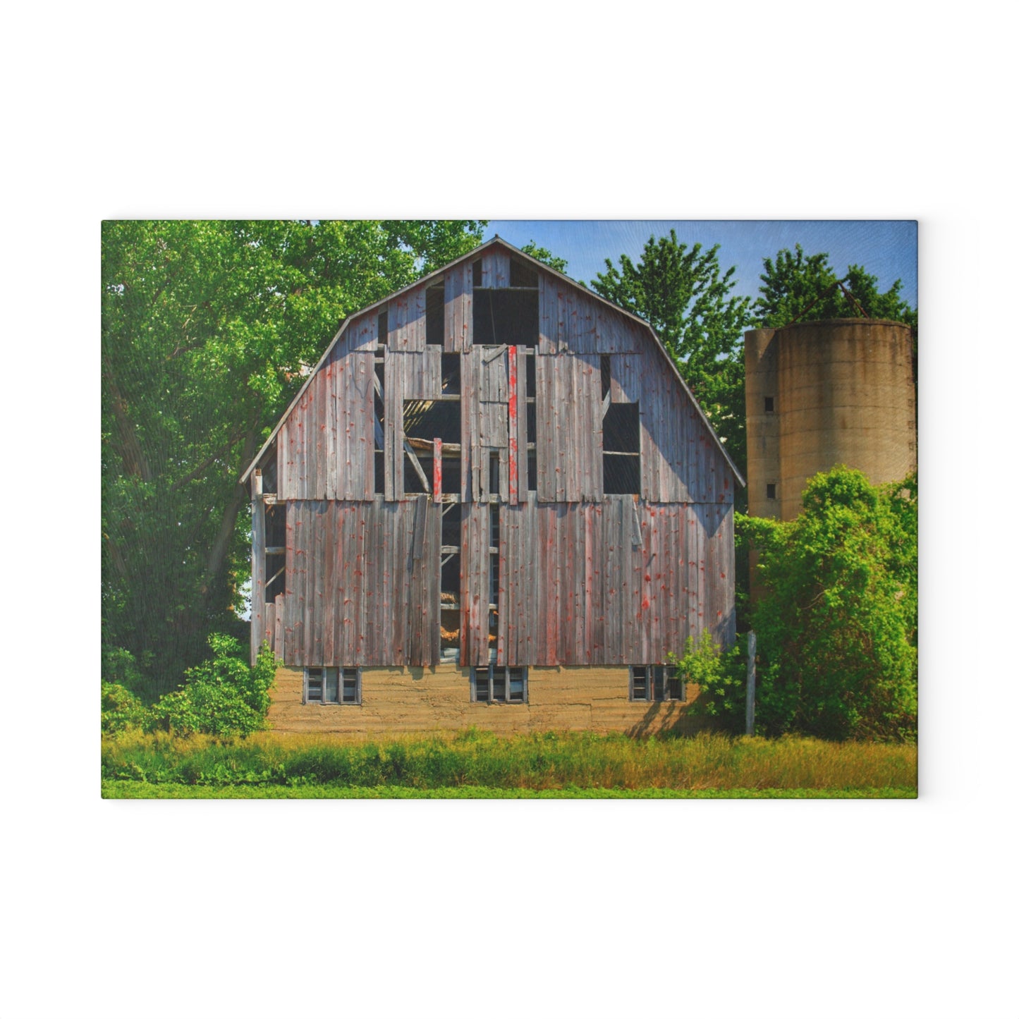 U R There Photography Mushroom Road Red and Silo Rustic Farmhouse Tempered-Glass Cutting Board