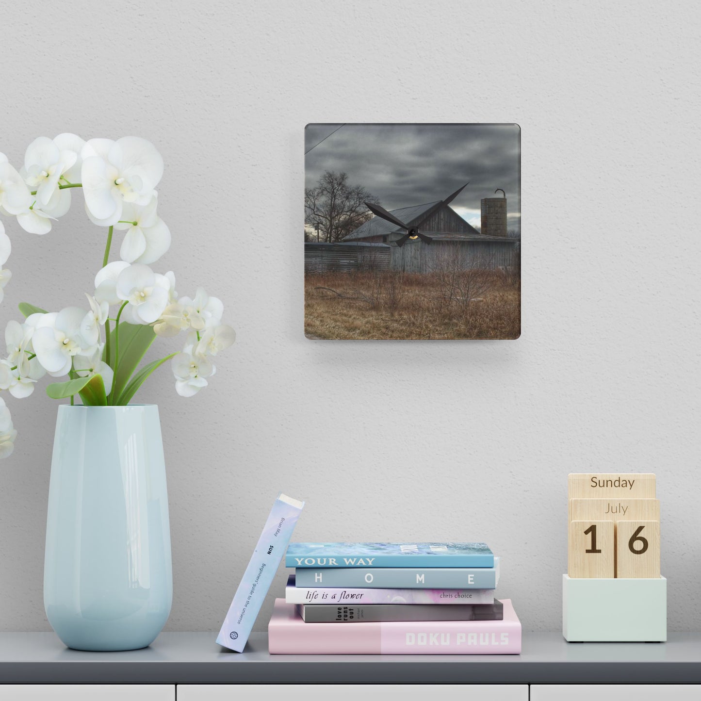 U R There Photography Church Road Grey I Rustic Farmhouse Acrylic Analog Wall Clock