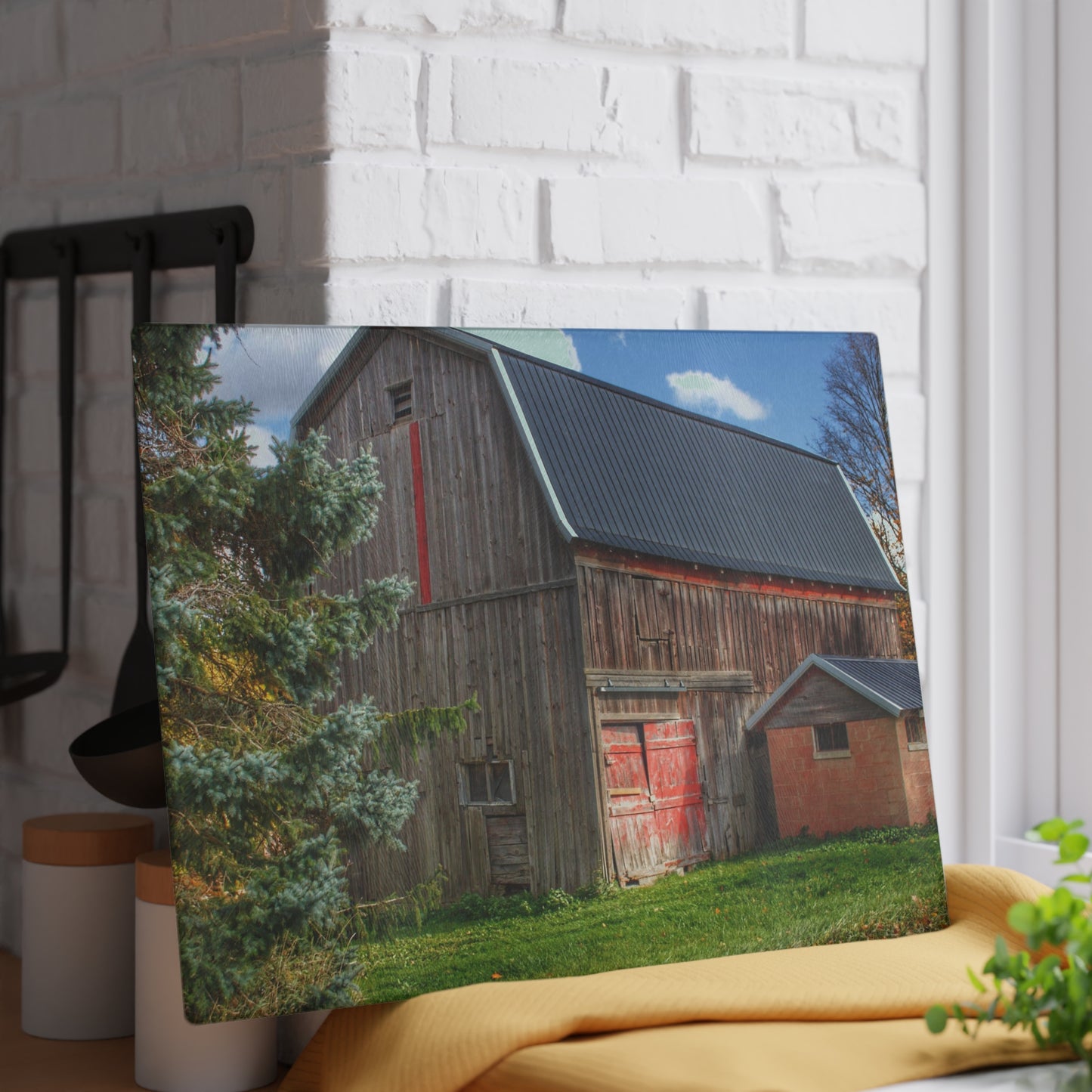 U R There Photography East Leonard Road Red Rustic Farmhouse Tempered-Glass Cutting Board