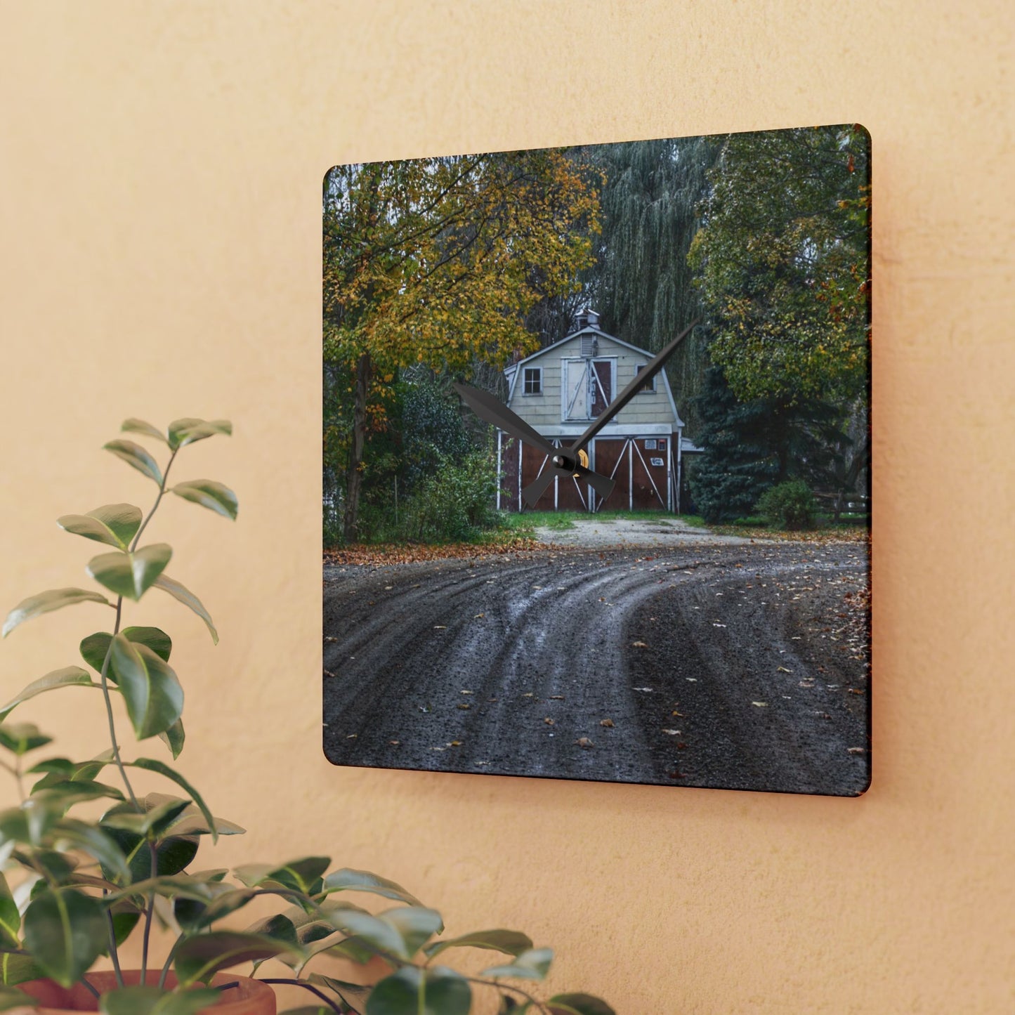 U R There Photography Barn at the Bend Rustic Farmhouse Acrylic Analog Wall Clock