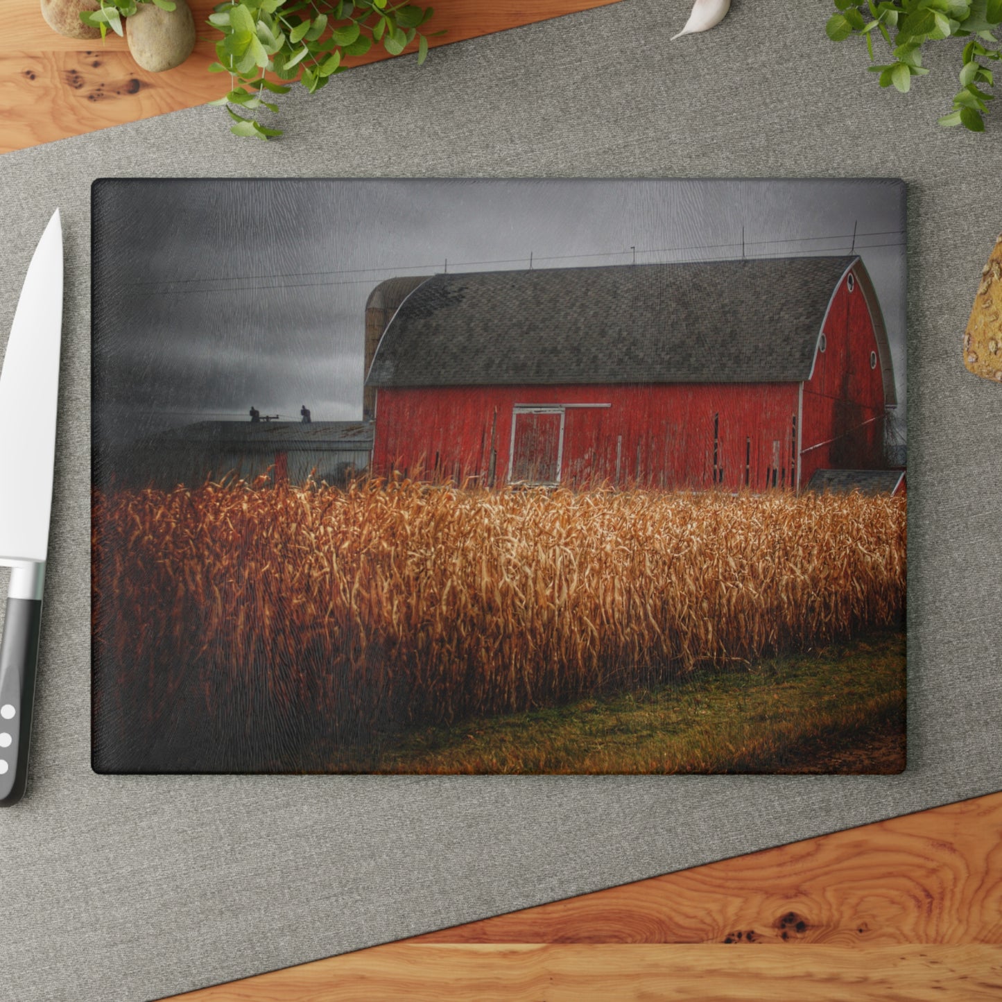 U R There Photography Slattery Road Cornfield Red Rustic Farmhouse Tempered-Glass Cutting Board