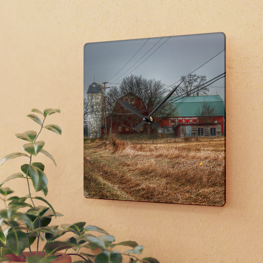 U R There Photography Mound Road Reds and Silo Rustic Farmhouse Acrylic Analog Wall Clock