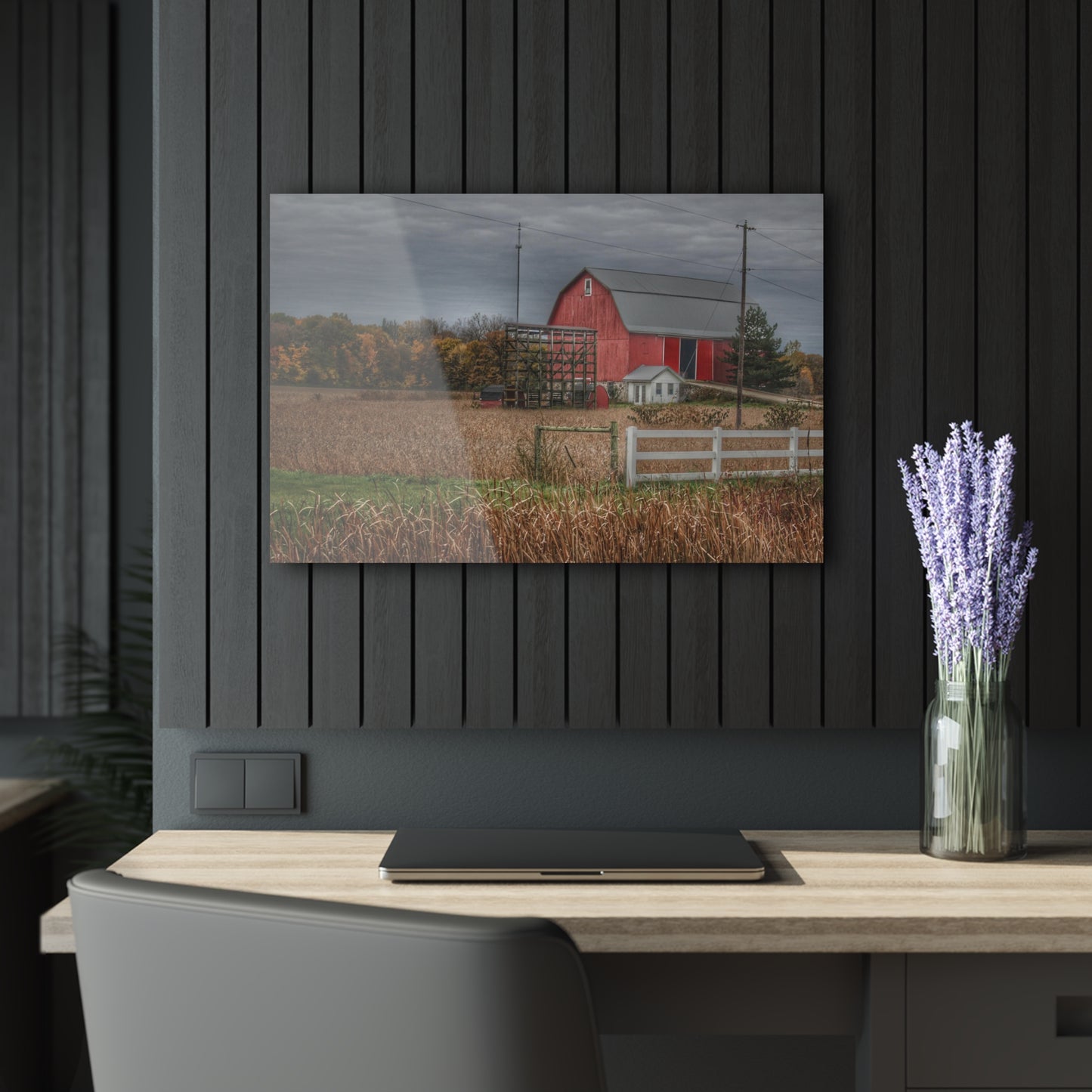 U R There Photography Barnes Road Red in Fall Rustic Farmhouse Acrylic Wall Print