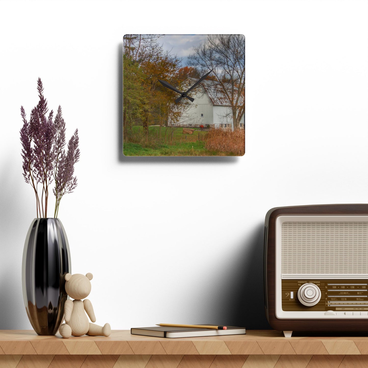 U R There Photography East Oakwood White Rustic Farmhouse Acrylic Analog Wall Clock