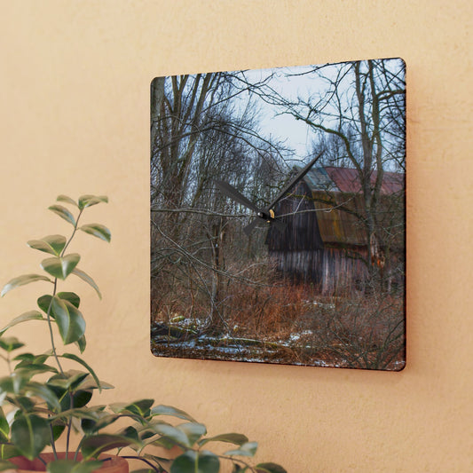 U R There Photography West Barnes Lake Hidden Red Rustic Farmhouse Acrylic Analog Wall Clock