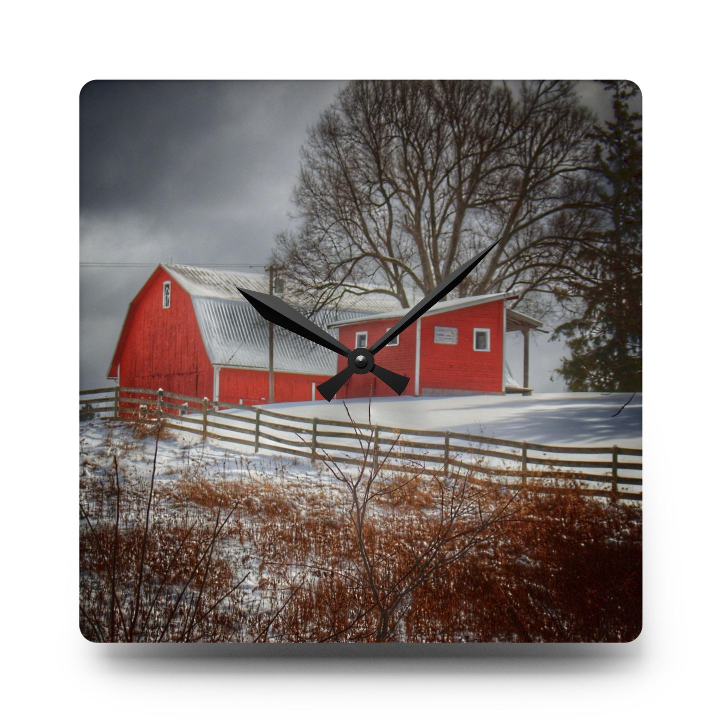 U R There Photography Catlin Red and Fence I Rustic Farmhouse Wall Clock