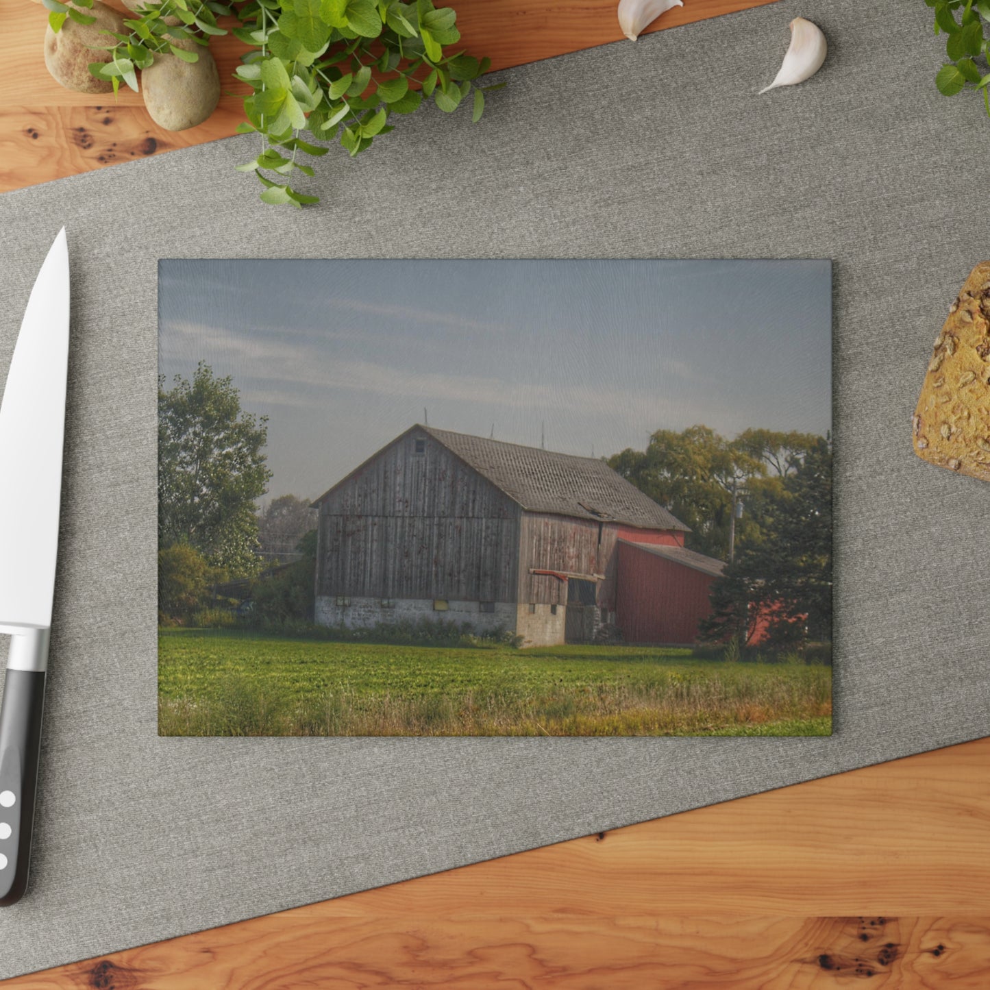 U R There Photography Pigeon Grey Saltbox Rustic Farmhouse Tempered-Glass Cutting Board