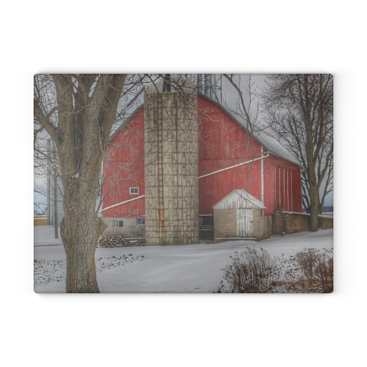 U R There Photography Frenchline Road Red in Winter Rustic Farmhouse Tempered-Glass Cutting Board