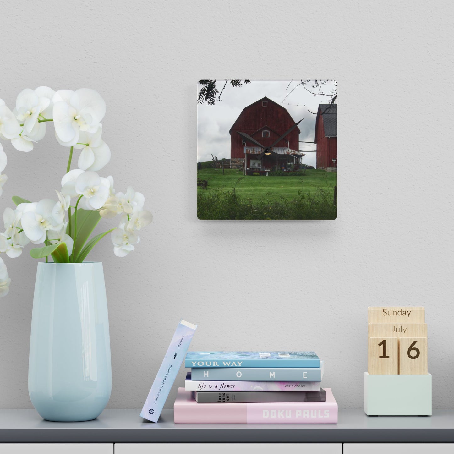U R There Photography Bishop Road Reds II Rustic Farmhouse Acrylic Analog Wall Clock