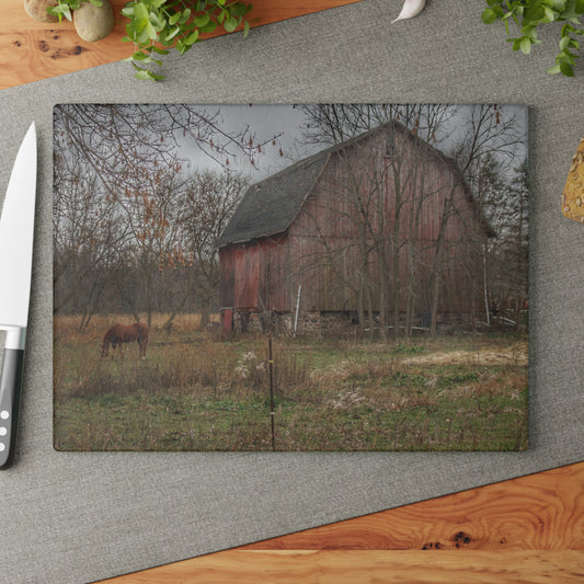 U R There Photography Blair Road Barn and Horse Rustic Farmhouse Tempered-Glass Cutting Board