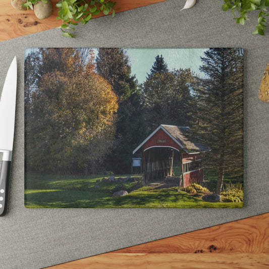 U R There Photography Hadley Covered Bridge II Rustic Farmhouse Tempered-Glass Cutting Board