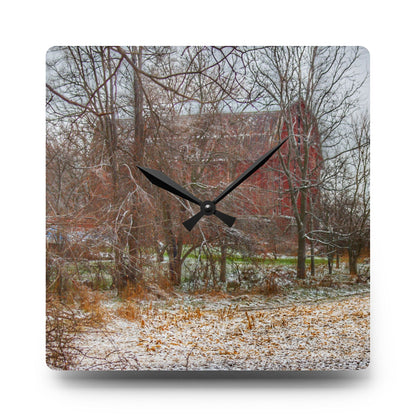 U R There Photography Hough Road Hidden Winter Red II Rustic Farmhouse Acrylic Analog Wall Clock