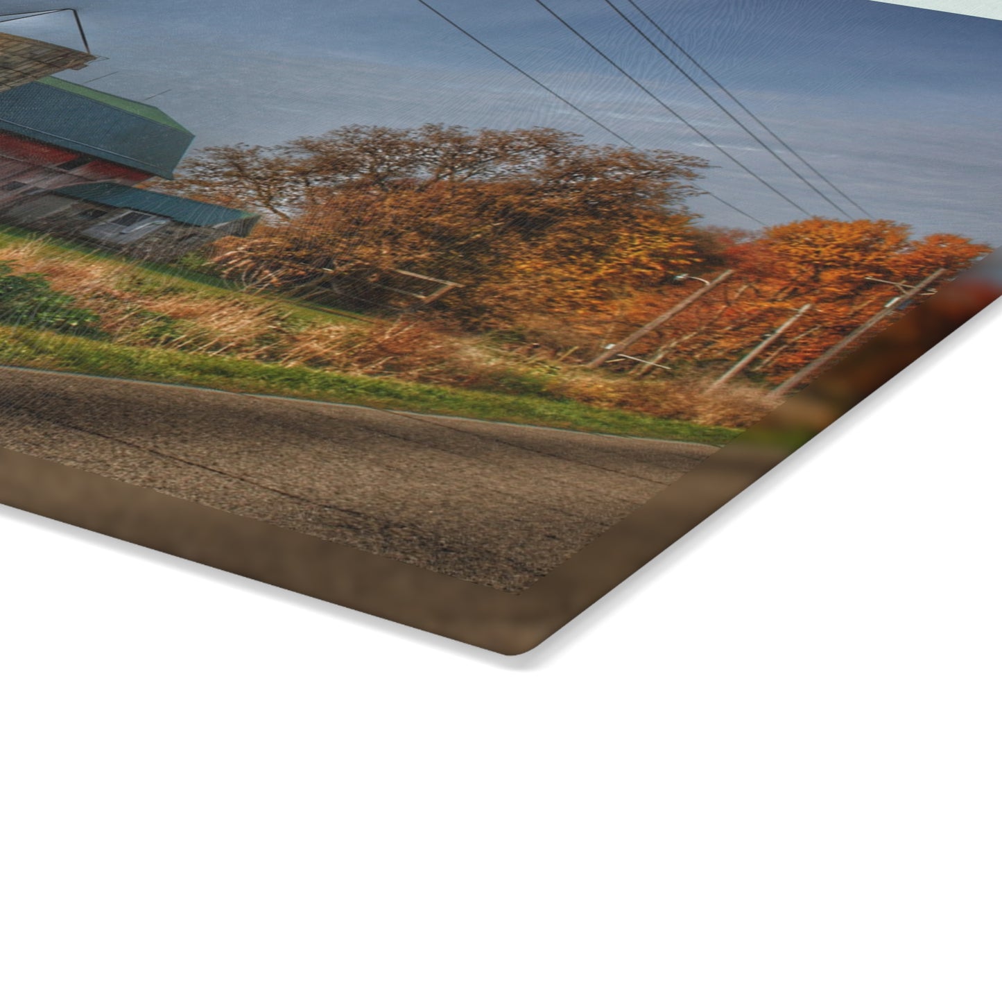 U R There Photography Plumb Creek Road Red in Fall I Rustic Farmhouse Tempered-Glass Cutting Board
