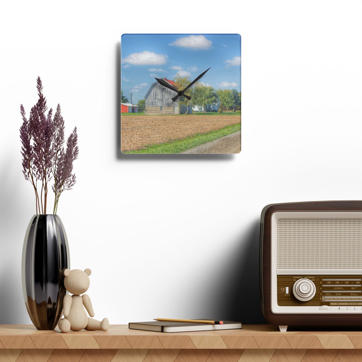 U R There Photography Sheridan Line Road Grey I Rustic Farmhouse Acrylic Analog Wall Clock