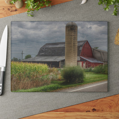 U R There Photography Lake Pleasant Road Red and Silo II Rustic Farmhouse Tempered-Glass Cutting Board