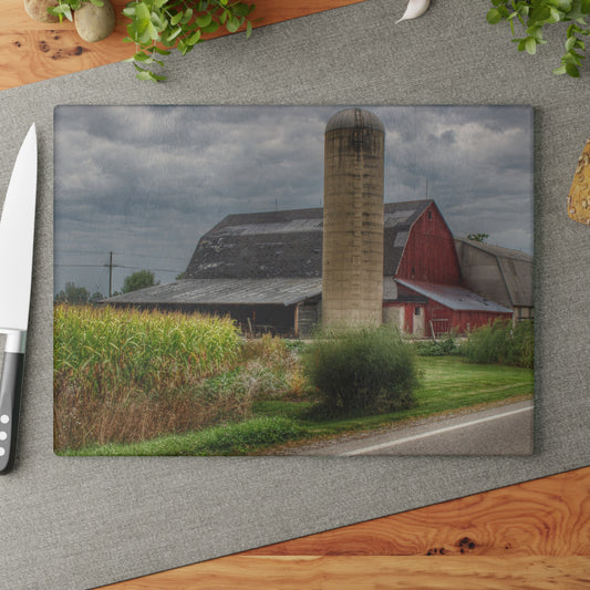 U R There Photography Lake Pleasant Road Red and Silo II Rustic Farmhouse Tempered-Glass Cutting Board
