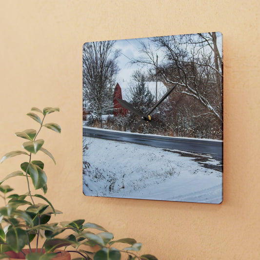 U R There Photography Dodge Road Winter Red Rustic Farmhouse Acrylic Analog Wall Clock