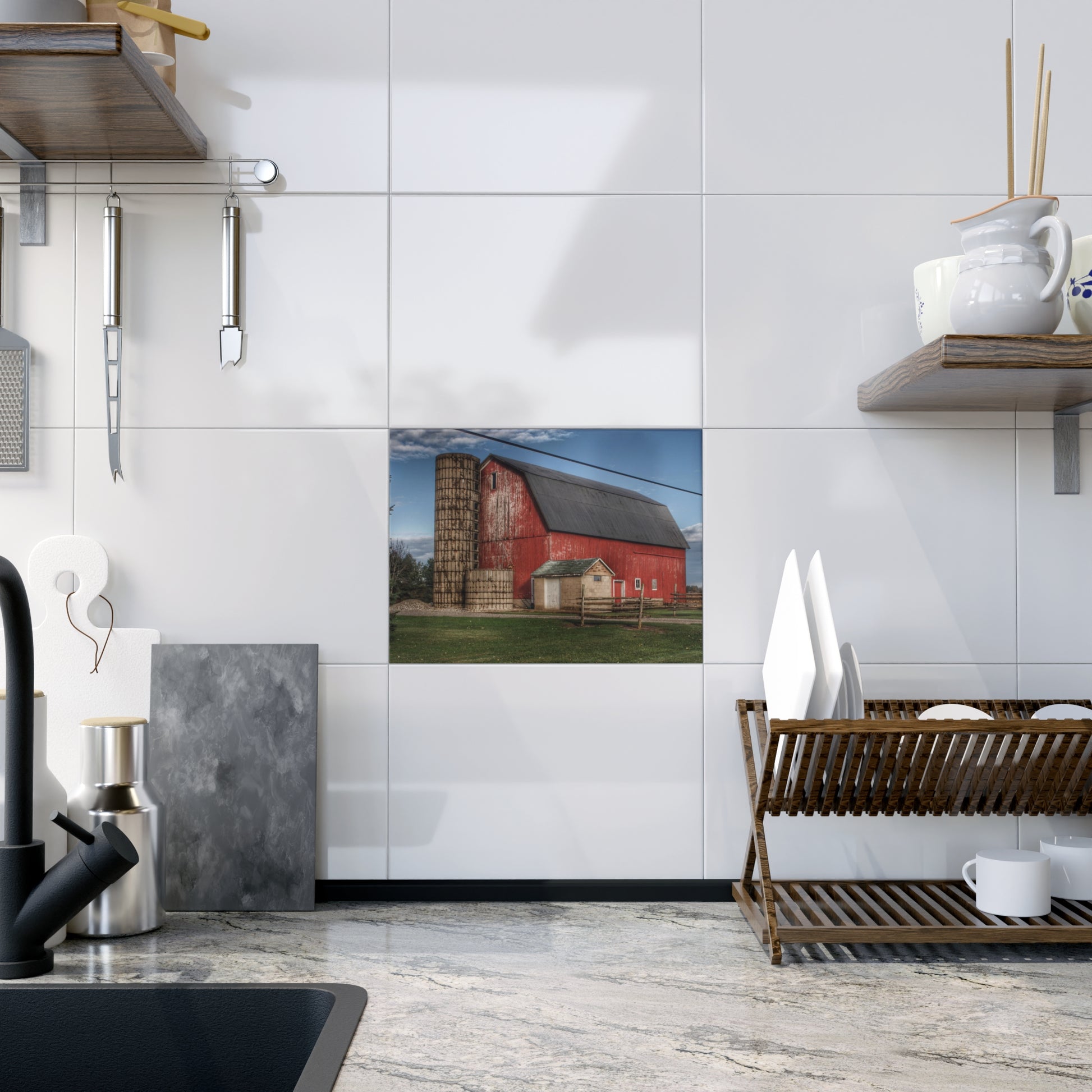 U R There Photography Brown City Lincoln Street Red Rustic Farmhouse Decorative Ceramic Tile 6" × 8" Glossy