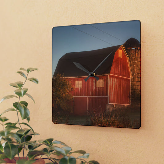 U R There Photography Klam Road Red Meets Foggy Sunrise II Rustic Farmhouse Acrylic Analog Wall Clock