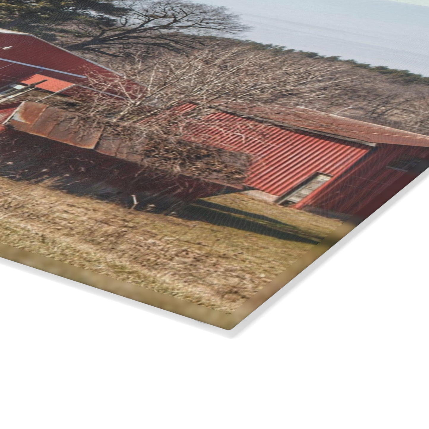U R There Photography Bronson Lake Reds Rustic Farmhouse Tempered-Glass Cutting Board 8"x 11"