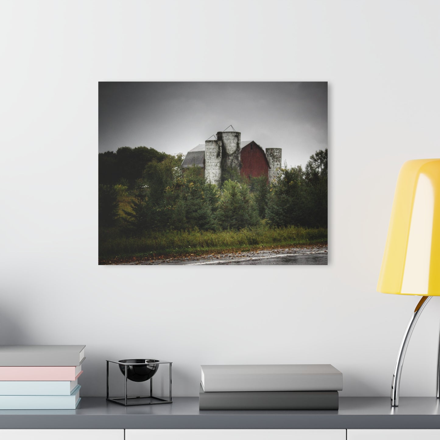U R There Photography Castle Road Red and Silos in the Rain Rustic Farmhouse Acrylic Wall Print