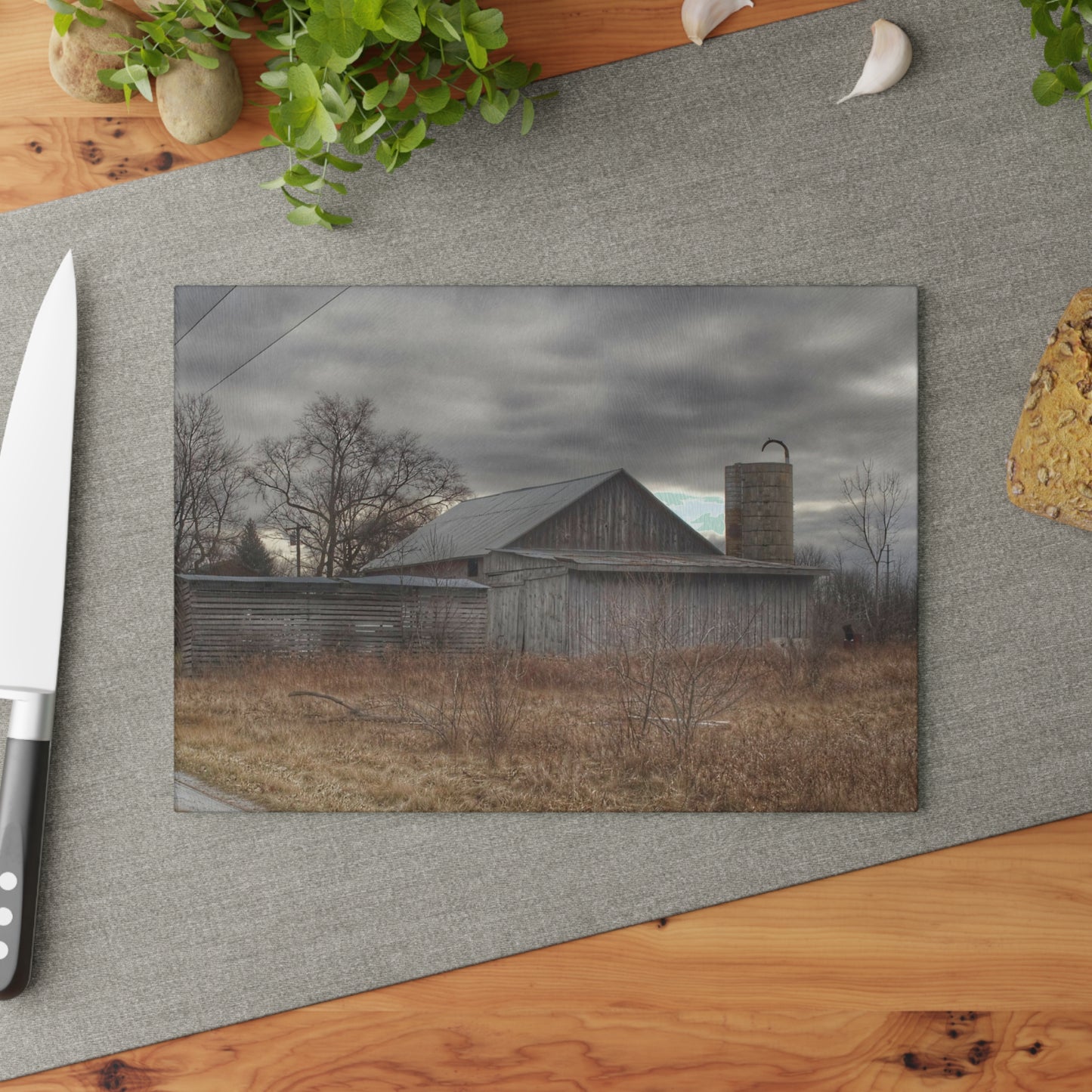 U R There Photography Church Road Grey I Rustic Farmhouse Tempered-Glass Cutting Board