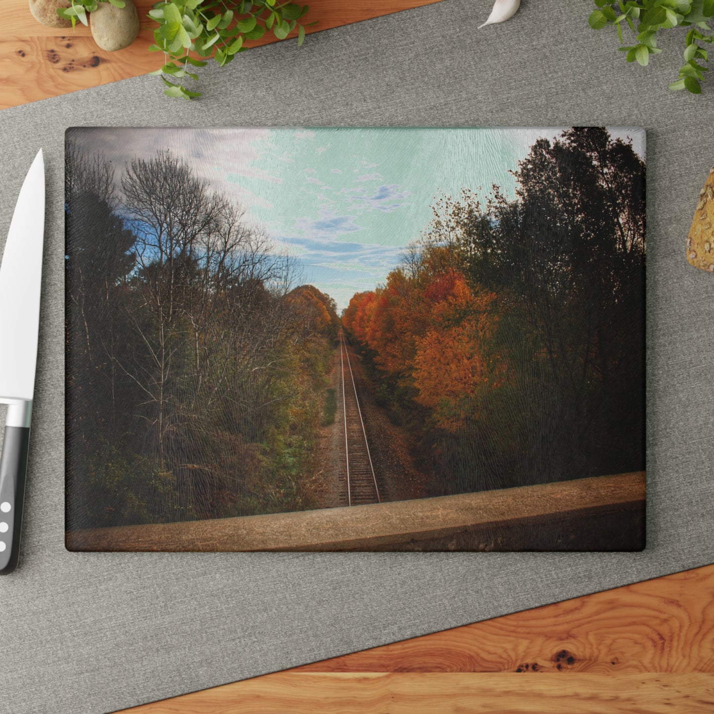 U R There Photography Above the Tracks in Vassar Rustic Farmhouse Tempered-Glass Cutting Board