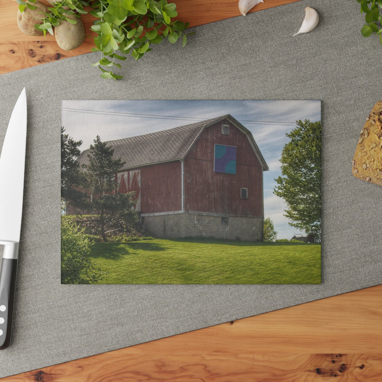 U R There Photography Mertz Road Quilted Red Rustic Farmhouse Tempered-Glass Cutting Board