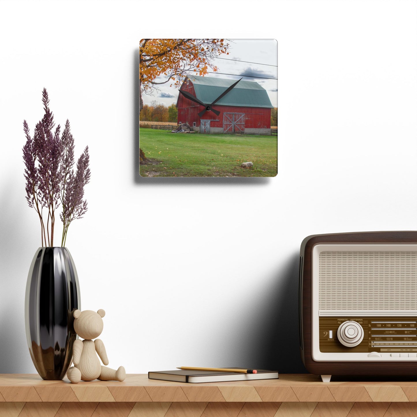 U R There Photography Bowers Roadside Red Rustic Farmhouse Acrylic Analog Wall Clock
