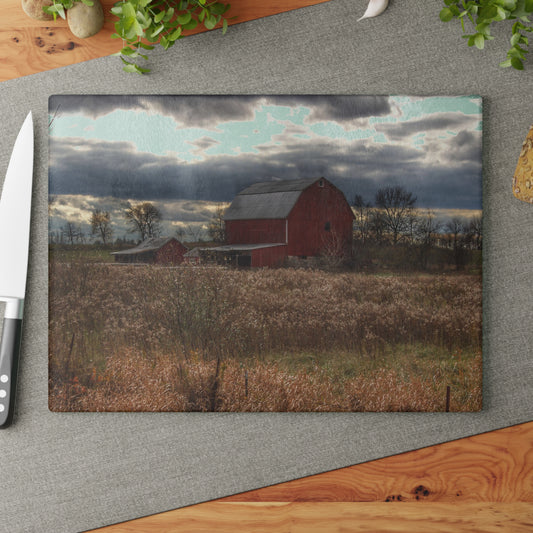 U R There Photography Booth Road Cow Barn II Rustic Farmhouse Tempered-Glass Cutting Board