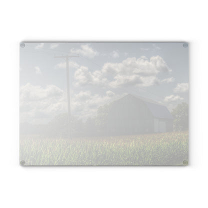 U R There Photography Grey Barn in a Cornfield Rustic Farmhouse Tempered-Glass Cutting Board