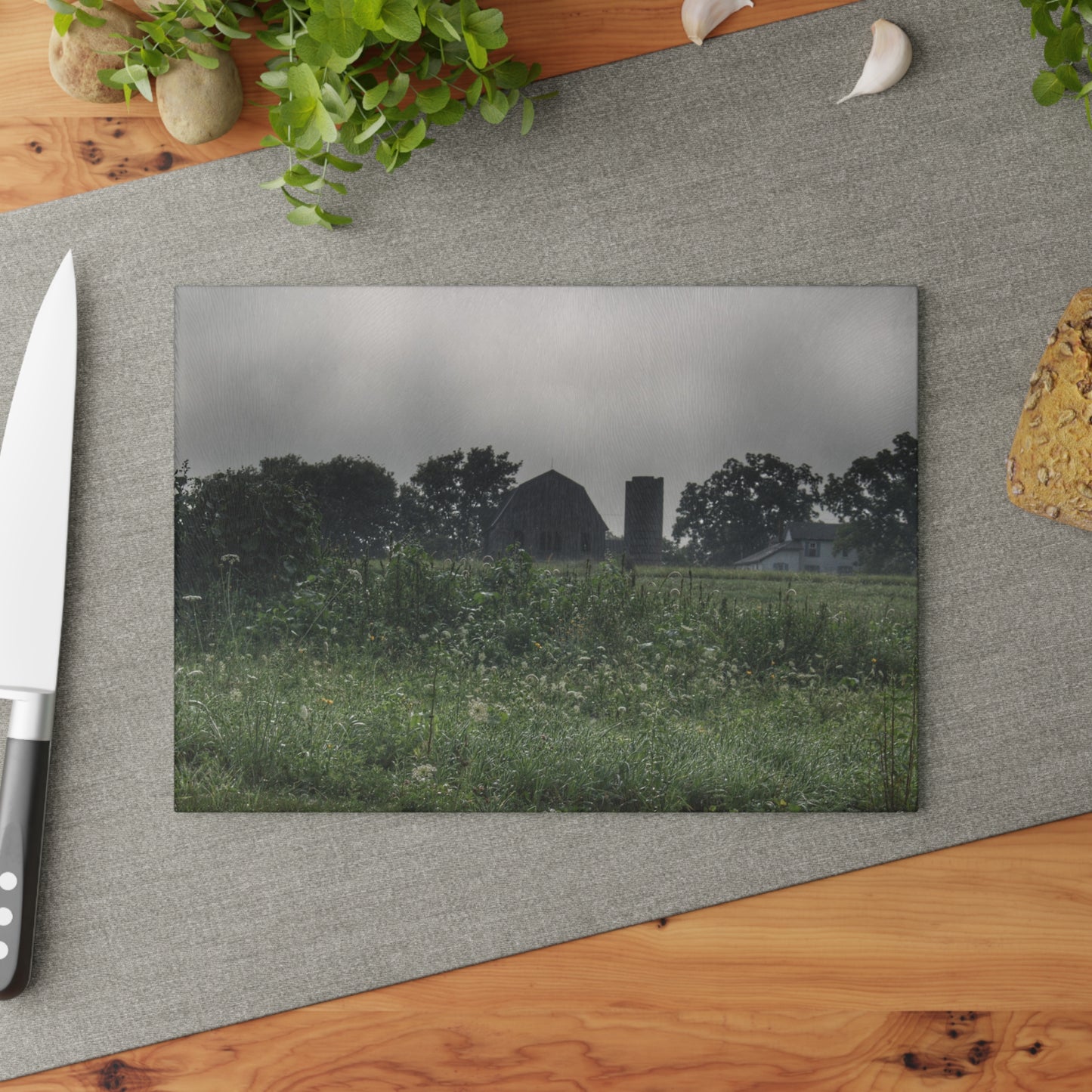 U R There Photography Hill Road Grey in the Fog Rustic Farmhouse Tempered-Glass Cutting Board