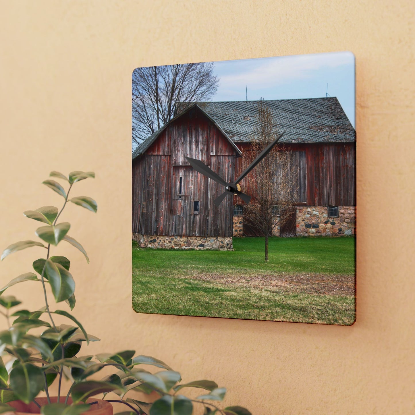 U R There Photography Millington Road Stone Grey Rustic Farmhouse Acrylic Analog Wall Clock