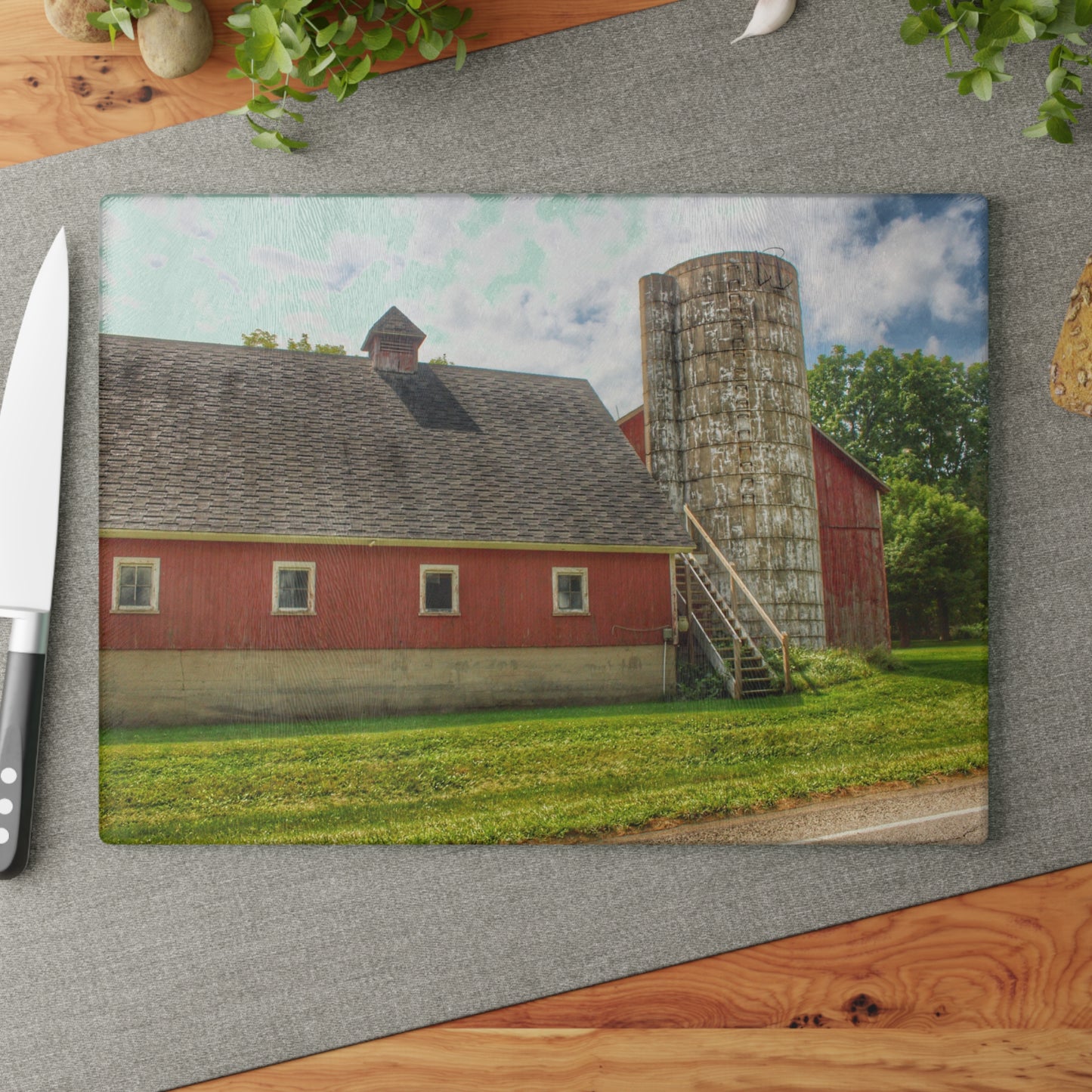 U R There Photography Metamora Red Silo Rustic Farmhouse Tempered-Glass Cutting Board