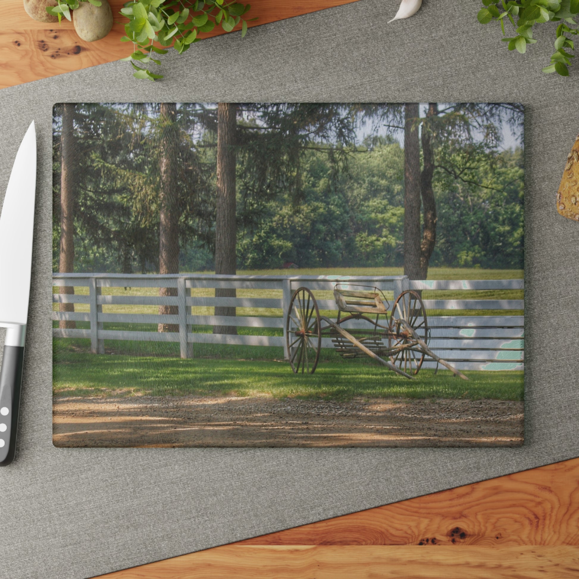 U R There Photography Thornville Buggy and Fence Rustic Farmhouse Tempered-Glass Cutting Board 11" x 15" Rectangle