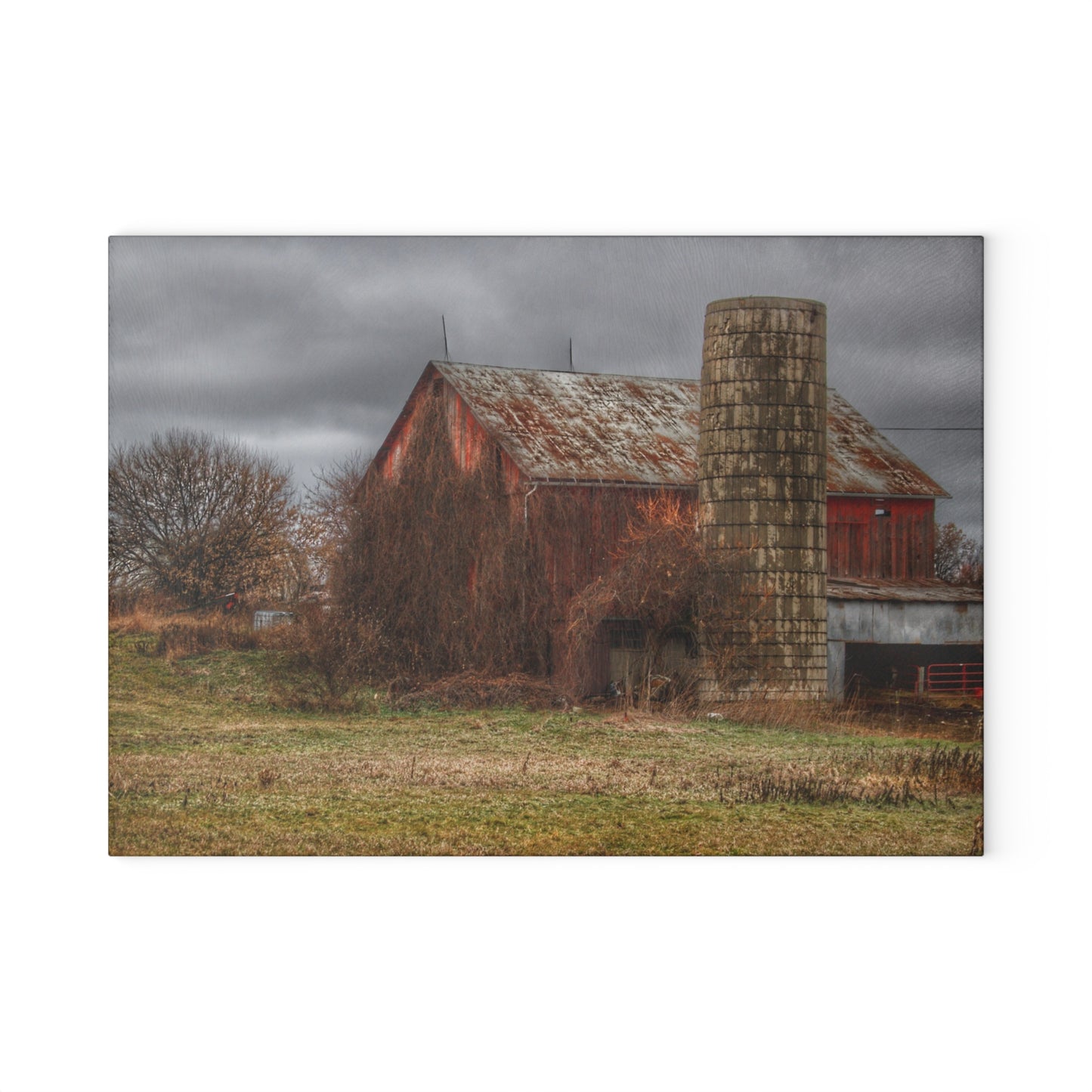U R There Photography Slattery Road Old Red and Silo I Rustic Farmhouse Tempered-Glass Cutting Board