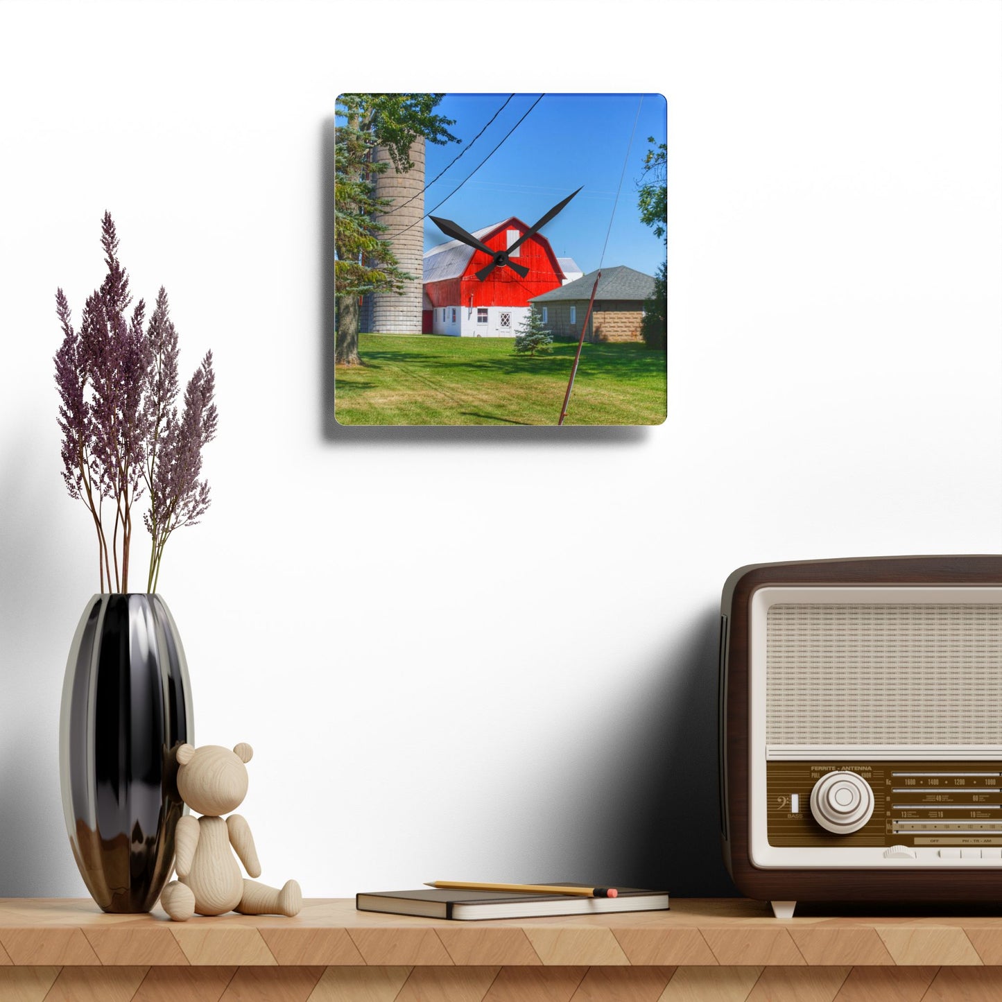 U R There Photography East Lake Road Red and Little Grey Rustic Farmhouse Acrylic Analog Wall Clock