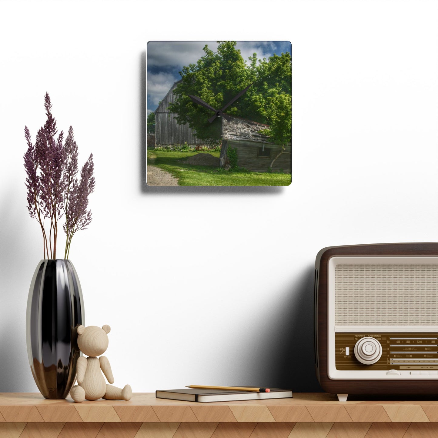 U R There Photography Brown City Road Barn and Buddy I Rustic Farmhouse Acrylic Analog Wall Clock