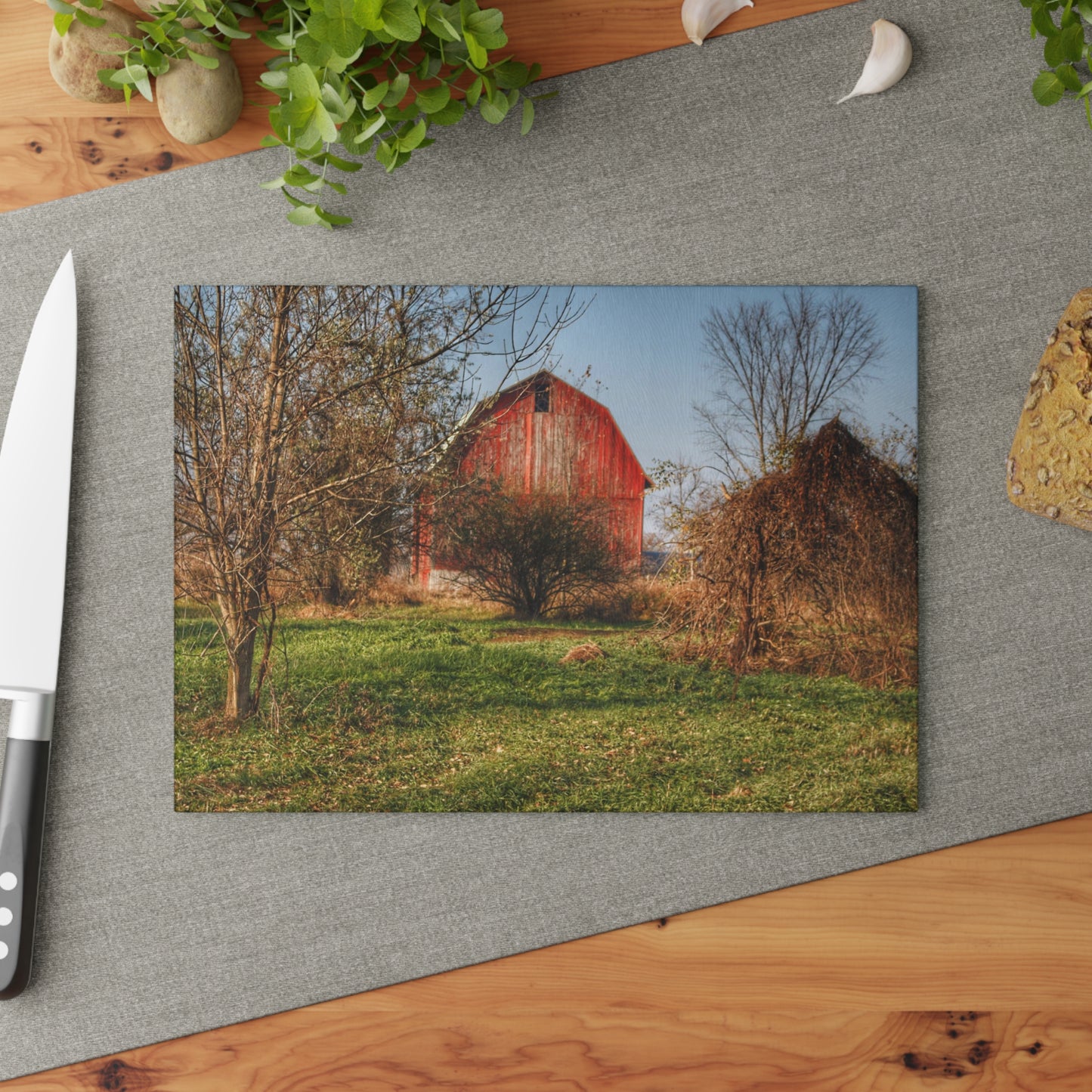 U R There Photography Columbiaville Red in November Rustic Farmhouse Tempered-Glass Cutting Board