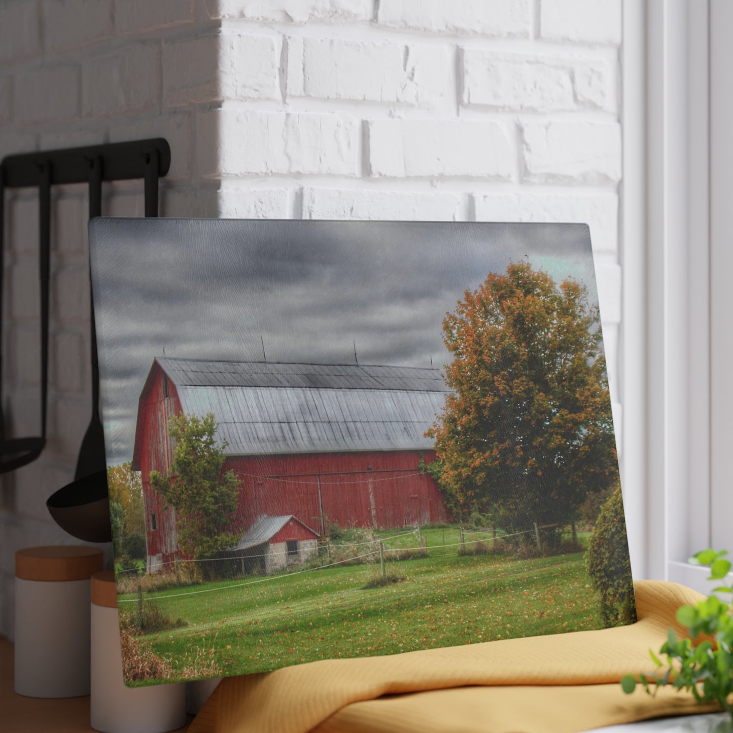 Barn Boutique Rustic Tempered-Glass Cutting Board| Columbiaville Red in Fall II