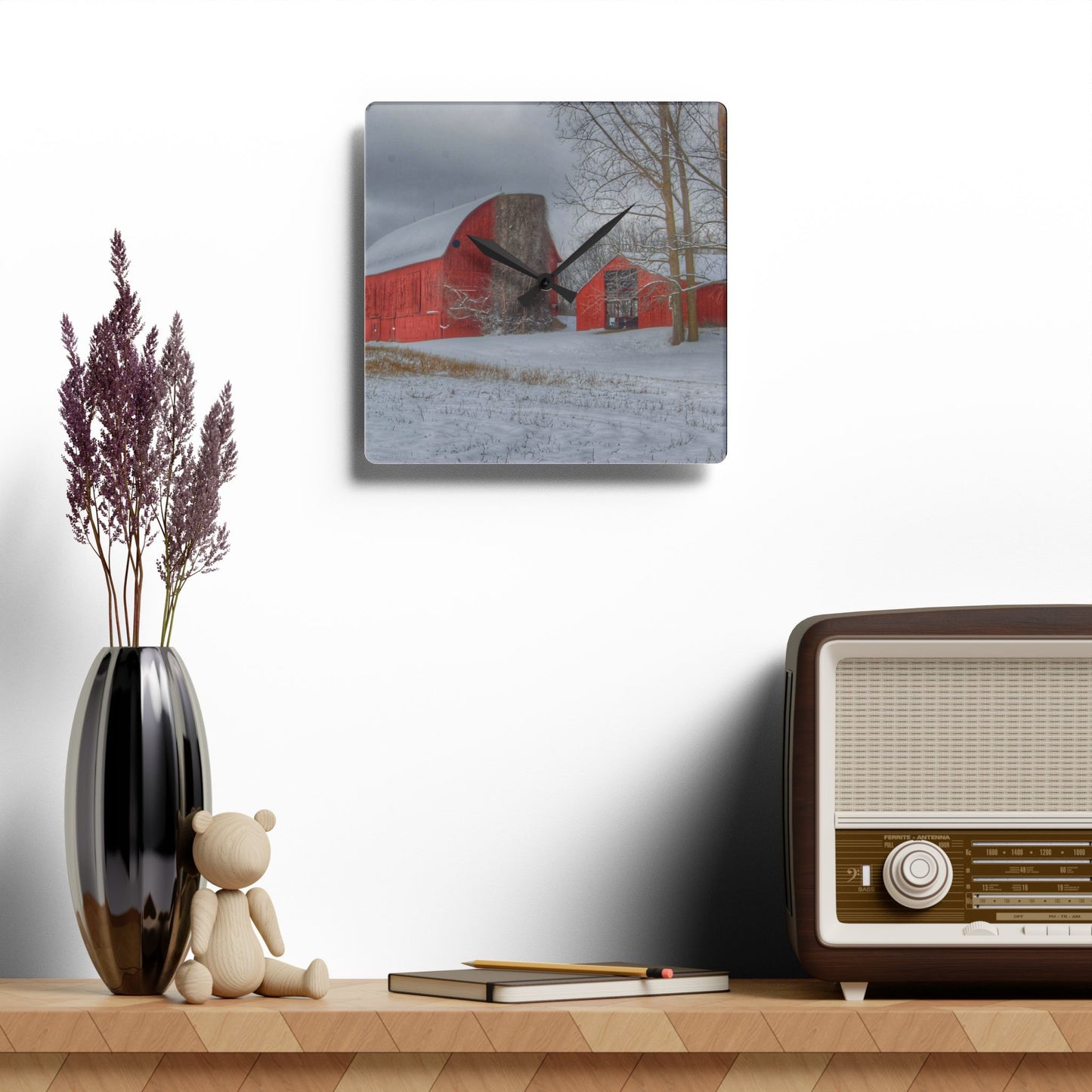 U R There Photography Catlin Reds in Winter II Rustic Farmhouse Acrylic Analog Wall Clock