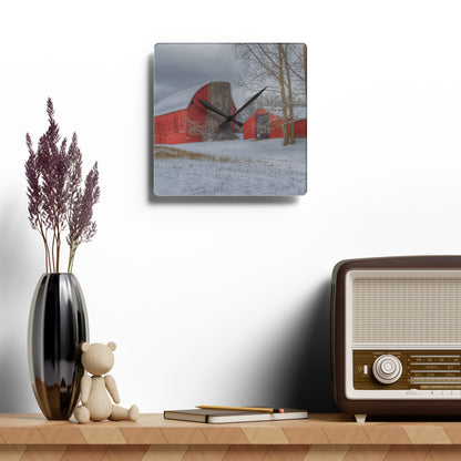 U R There Photography Catlin Reds in Winter II Rustic Farmhouse Acrylic Analog Wall Clock