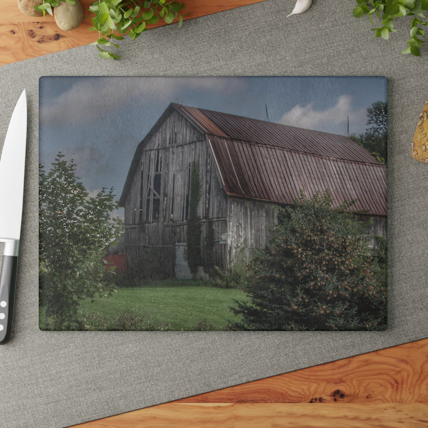 U R There Photography Columbiaville Grey Rustic Farmhouse Tempered-Glass Cutting Board