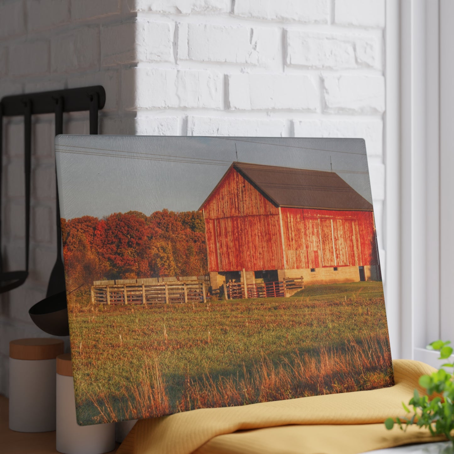 U R There Photography Lake Pleasant Corral Red II Rustic Farmhouse Tempered-Glass Cutting Board