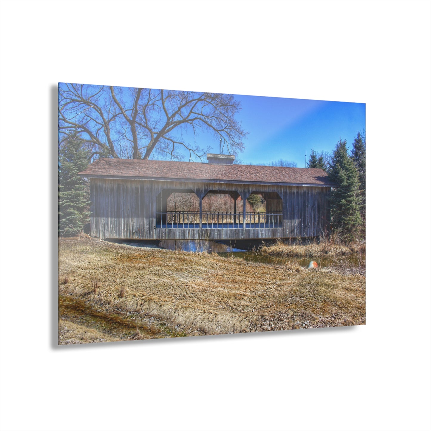 U R There Photography Covered Bridge of Campground Road II Rustic Farmhouse Acrylic Wall Print