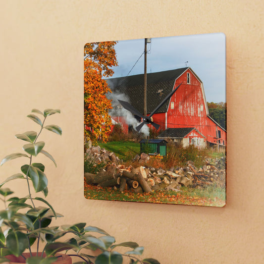 U R There Photography Greenwood Road Red in the Fall Rustic Farmhouse Acrylic Analog Wall Clock